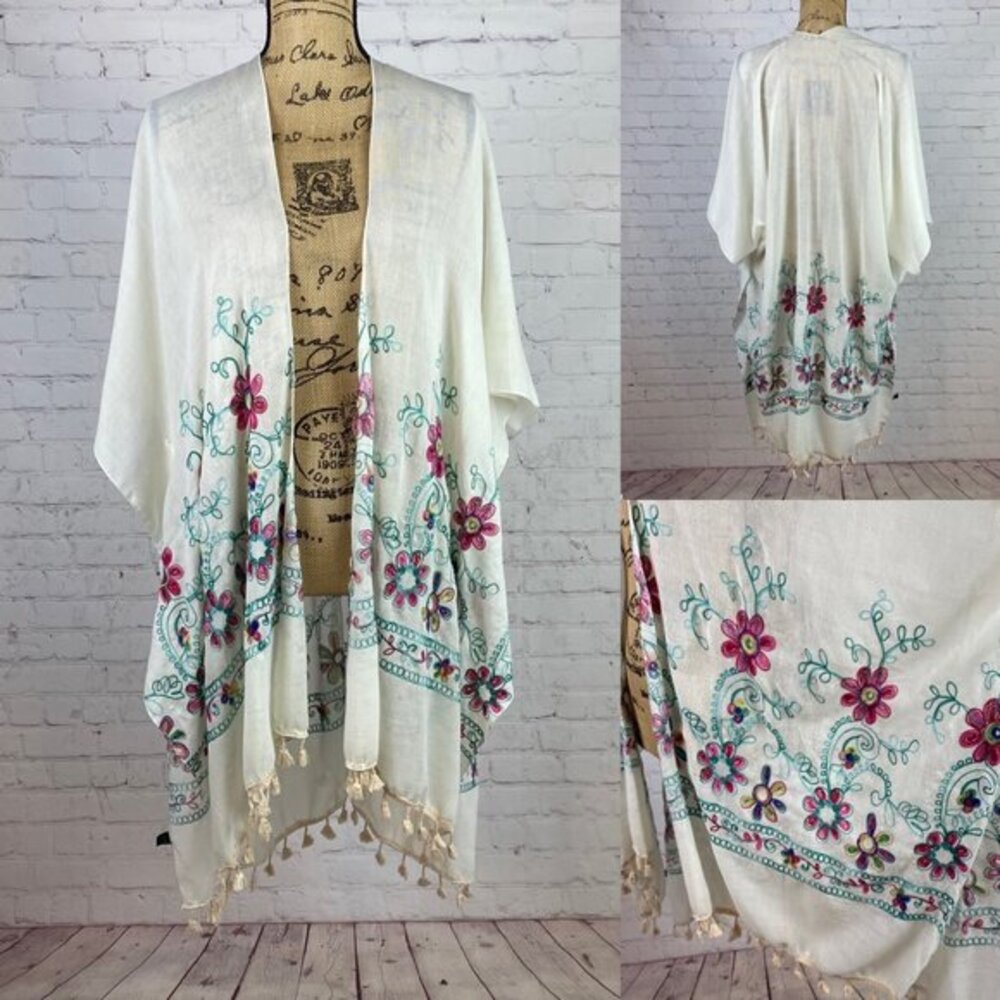 Embroidered Open Front Tassel Trim Kimono